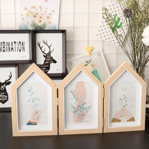 Rooftop Wooden Photo Frame 3 Opening Hinged Triple Picture Frames Home Crafts Ornaments Photo Frame Home Decor